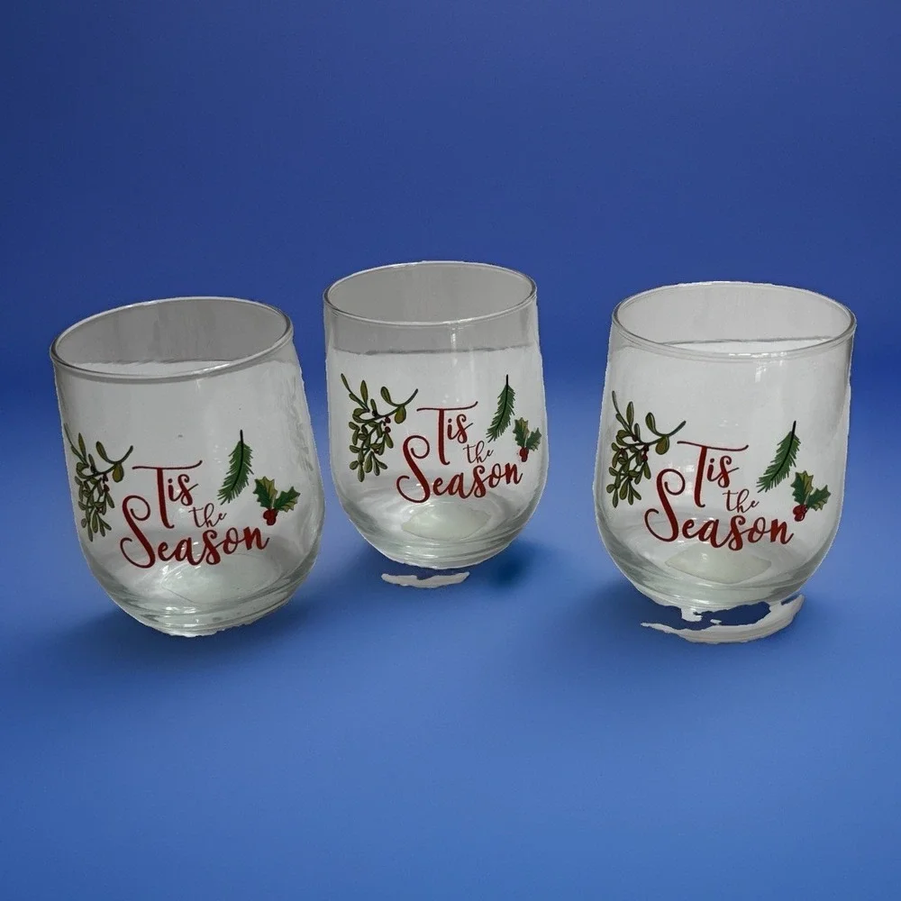 Set 3 Christmas Wine Glass Stemless Hand Painted Holly Berry This The Season New